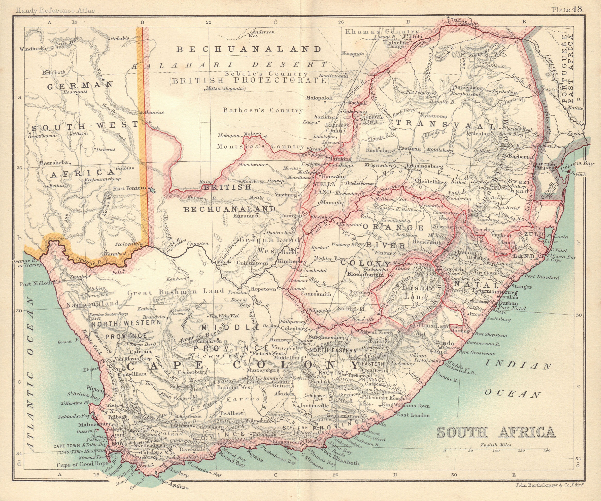 Cape Colony Bechuanaland Botswana. Southern Africa. BARTHOLOMEW 1898 old map