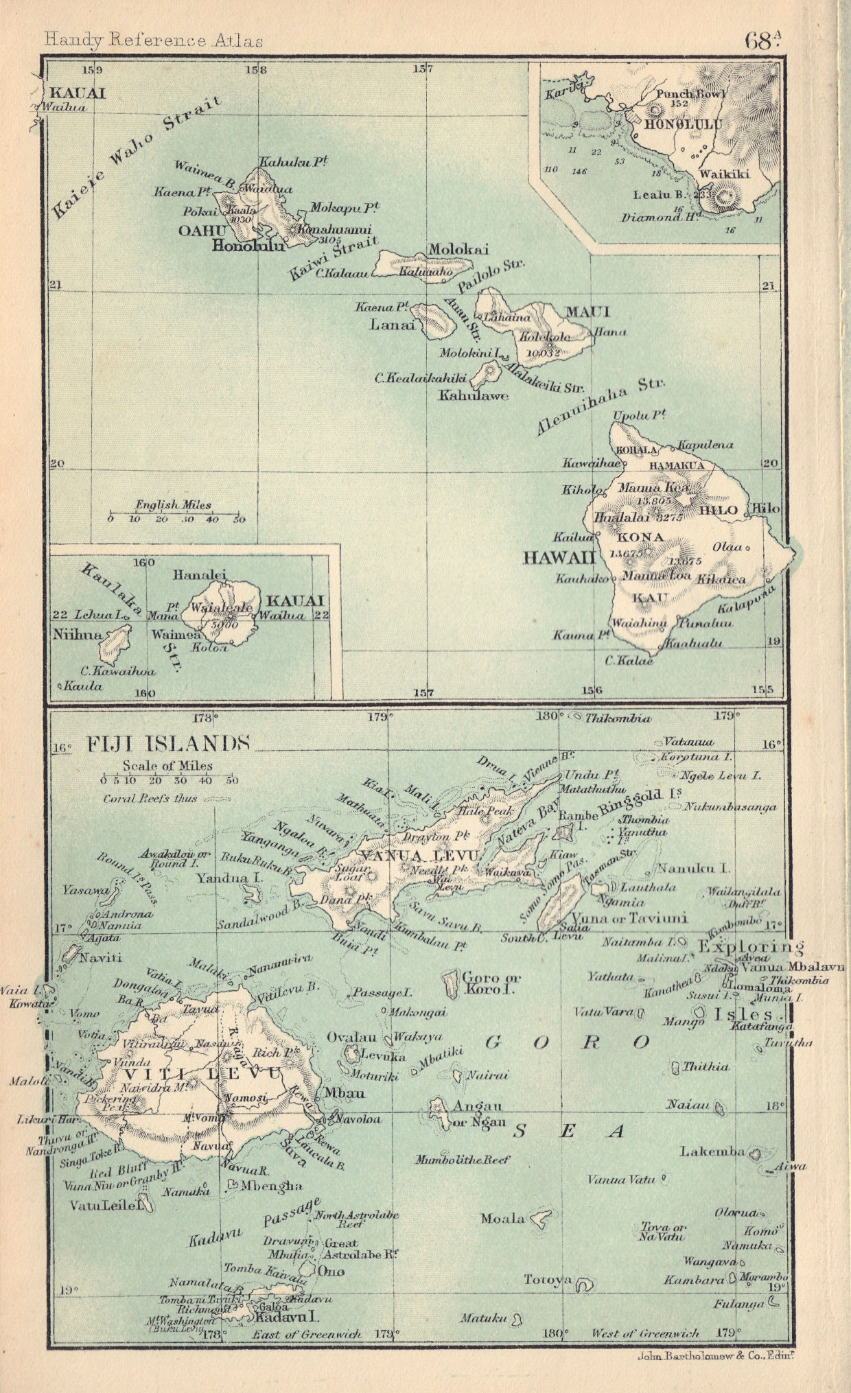Hawaii & the Fiji Islands. Kauai. Honolulu. BARTHOLOMEW 1898 old antique map