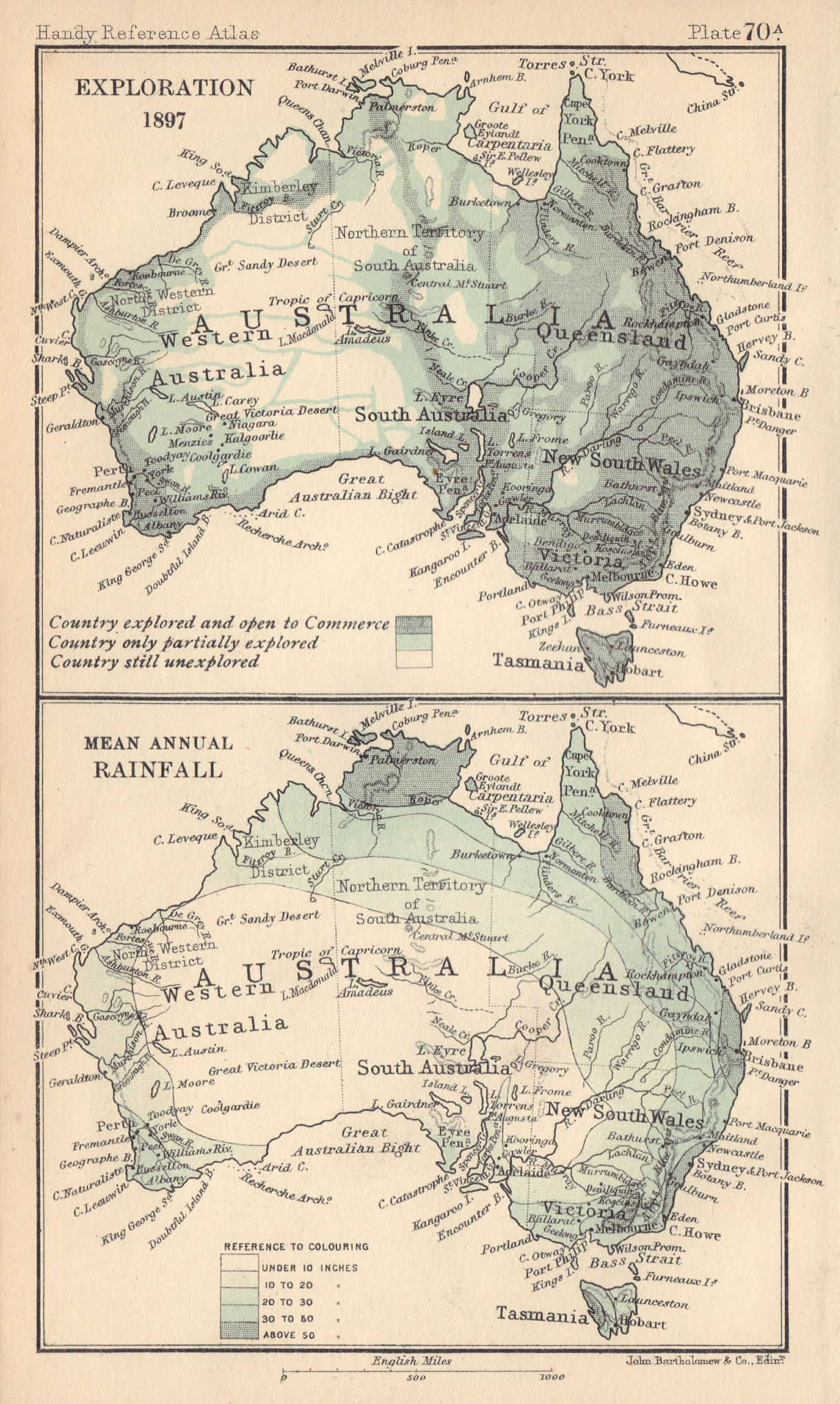 Australia explored areas in 1903. Mean Annual Rainfall. BARTHOLOMEW 1898 map
