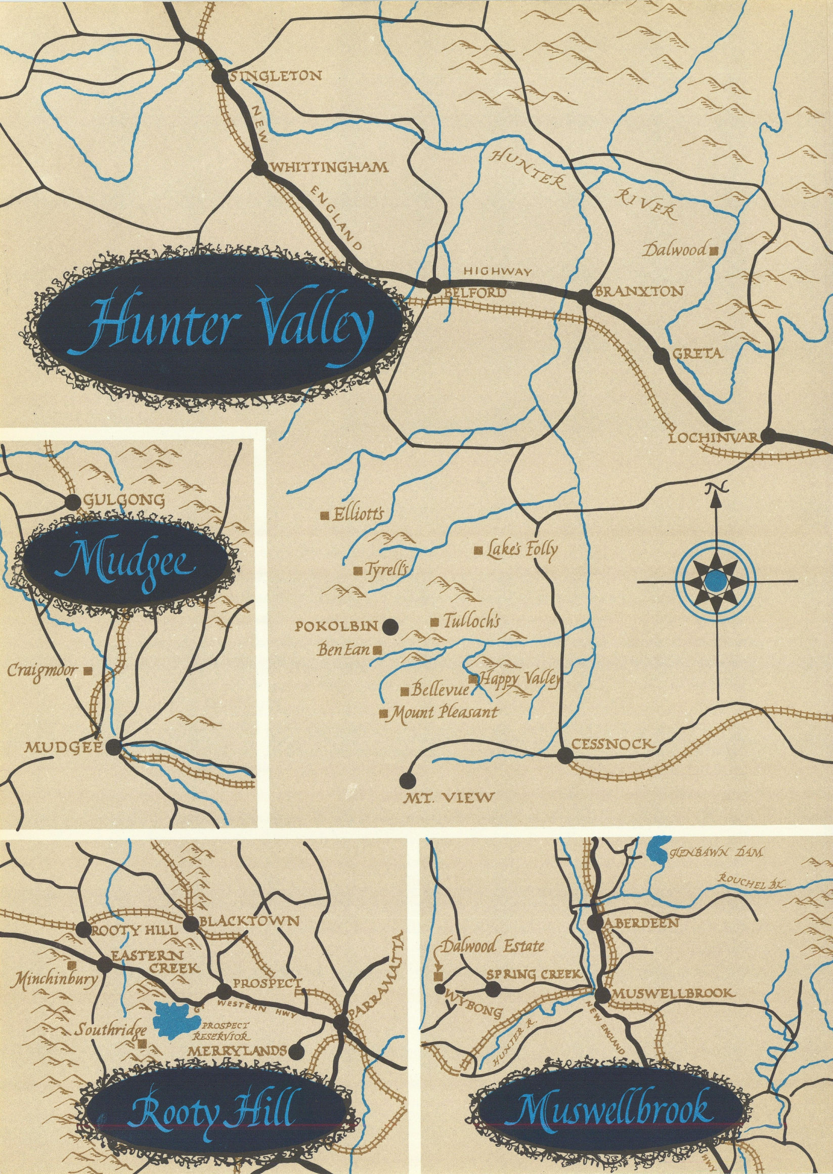 Hunter Valley Mudgee Rooty Hill Muswellbrook. New South Wales wineries 1966 map
