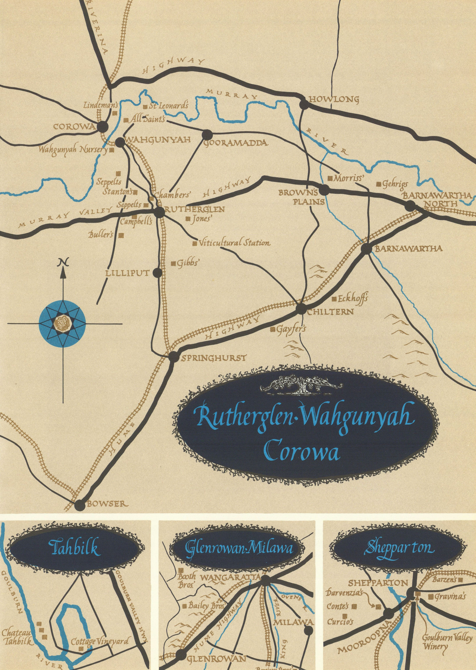 Associate Product Rutherglen Tahbilk Glenrowan Shepparton. Victoria Australia wineries 1966 map
