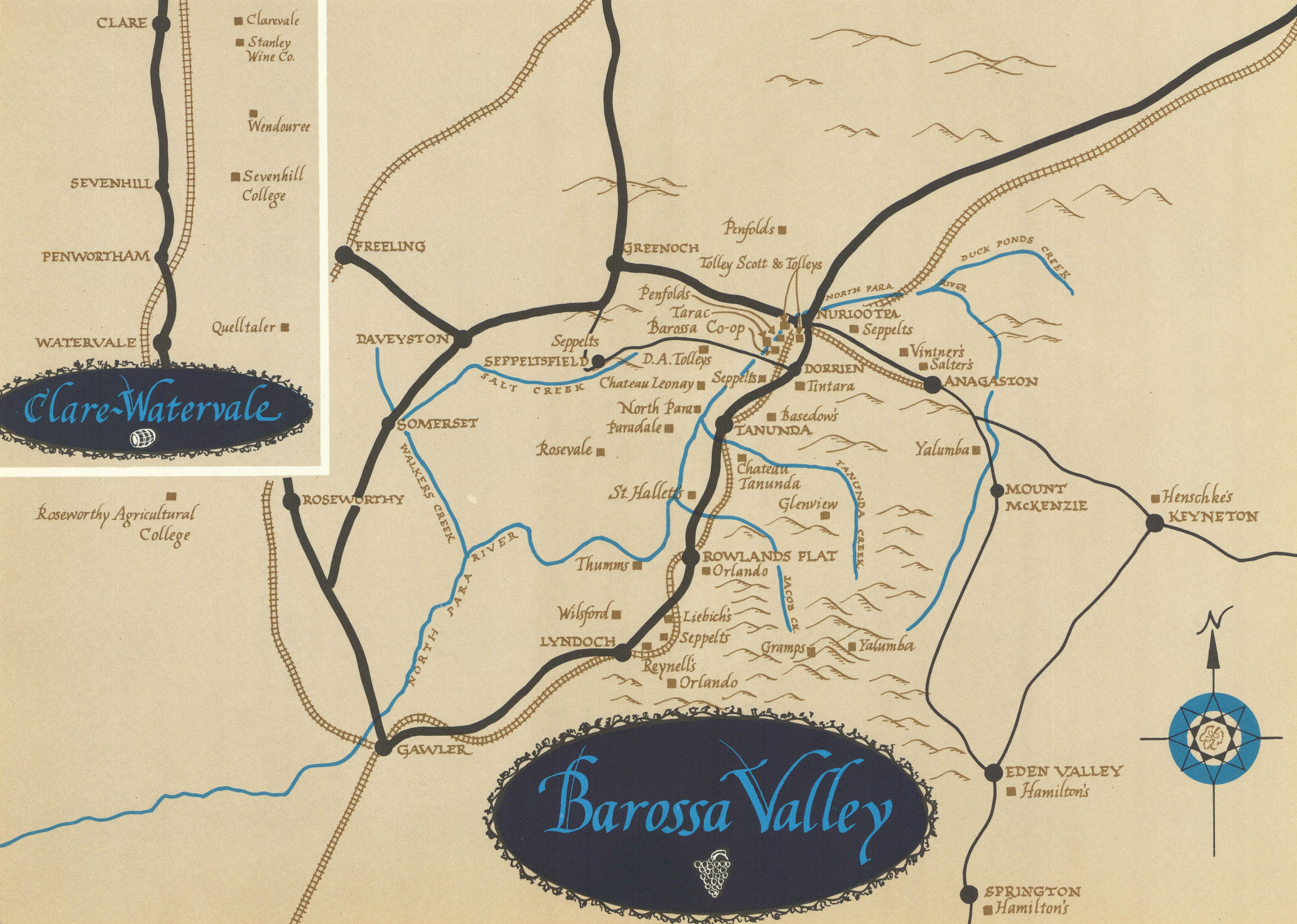 Associate Product Clare, Watervale & Barossa Valley. South Australia wineries 1966 old map