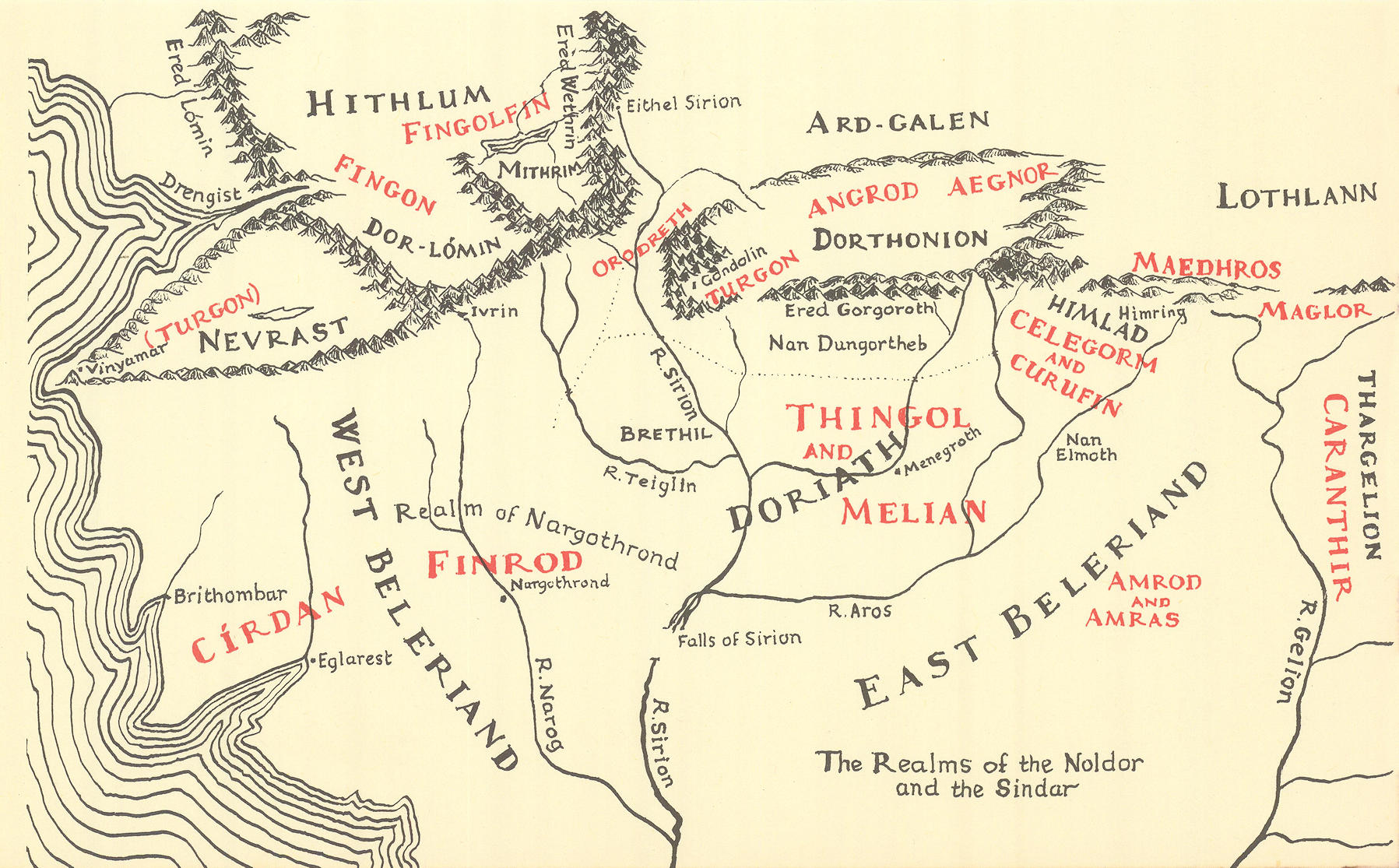 Realms of Noldor & Sindar. Beleriand Middle-earth Silmarillion. TOLKIEN 1977 map