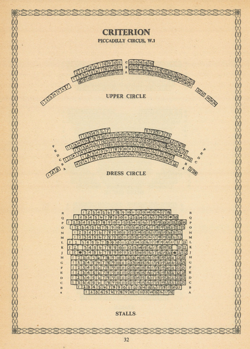 Criterion Theatre, Piccadilly Circus, London. Vintage seating plan 1960 print