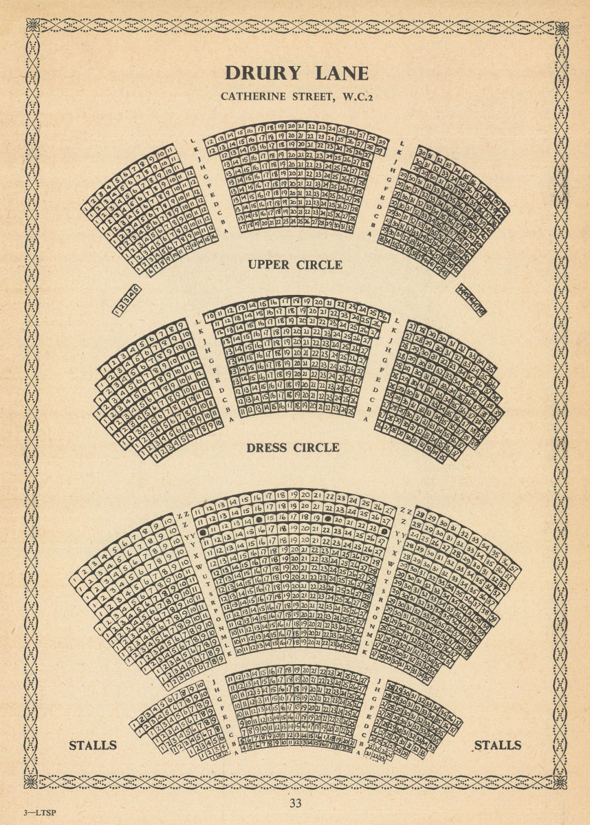 Drury Lane Theatre, Covent Garden, London. Vintage seating plan 1960 old print