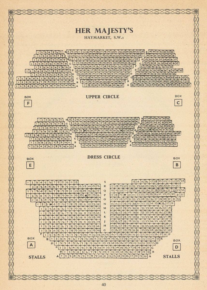 Her Majesty's Theatre, Haymarket, London. Vintage seating plan 1960 old print