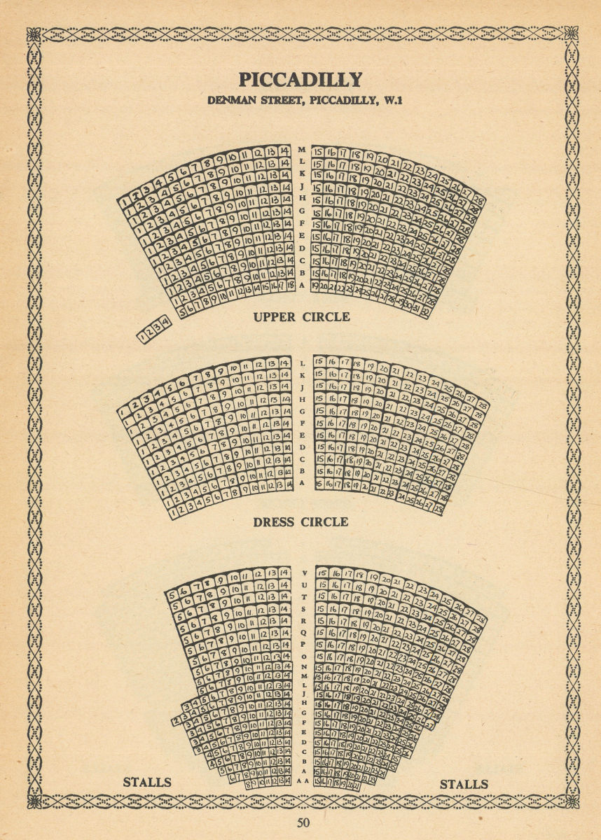 Piccadilly Theatre, Denman St, Picc. Circus, London. Vintage seating plan 1960