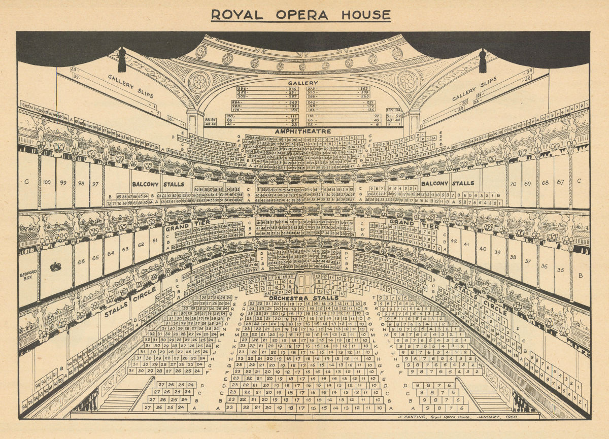 Covent Garden Theatre, Royal Opera House, London. Vintage seating plan 1960