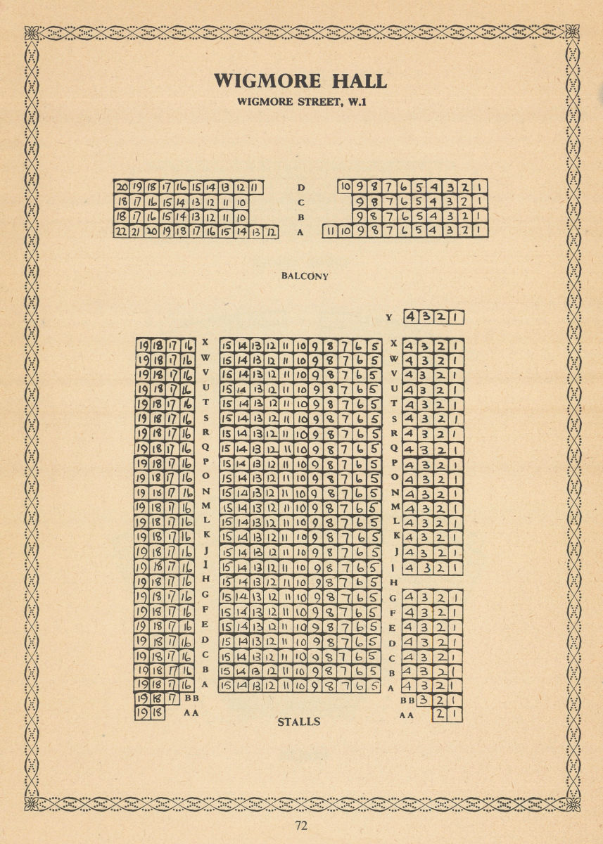 Wigmore Hall, Wigmore Street, London. Vintage seating plan 1960 old print