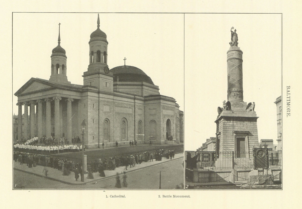 Associate Product BALTIMORE 1. Cathedral. 2 . Battle Monument. Maryland 1907 old antique print