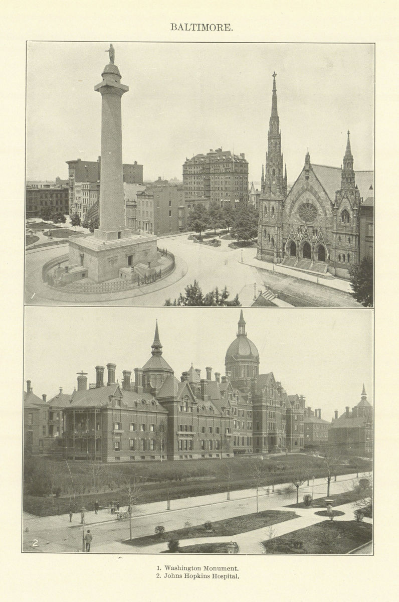 Associate Product BALTIMORE. 1. Washington Monument. 2. Johns Hopkins Hospital. 5. Maryland 1907