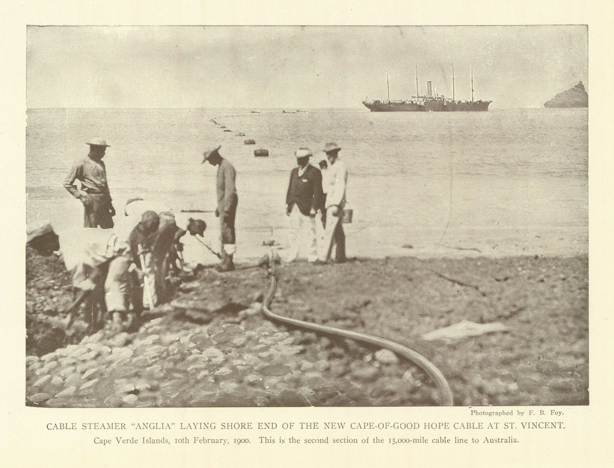 CABLE STEAMER "ANGLIA'' LAYING CABLE AT ST. VINCENT, Cape Verde Islands 1907