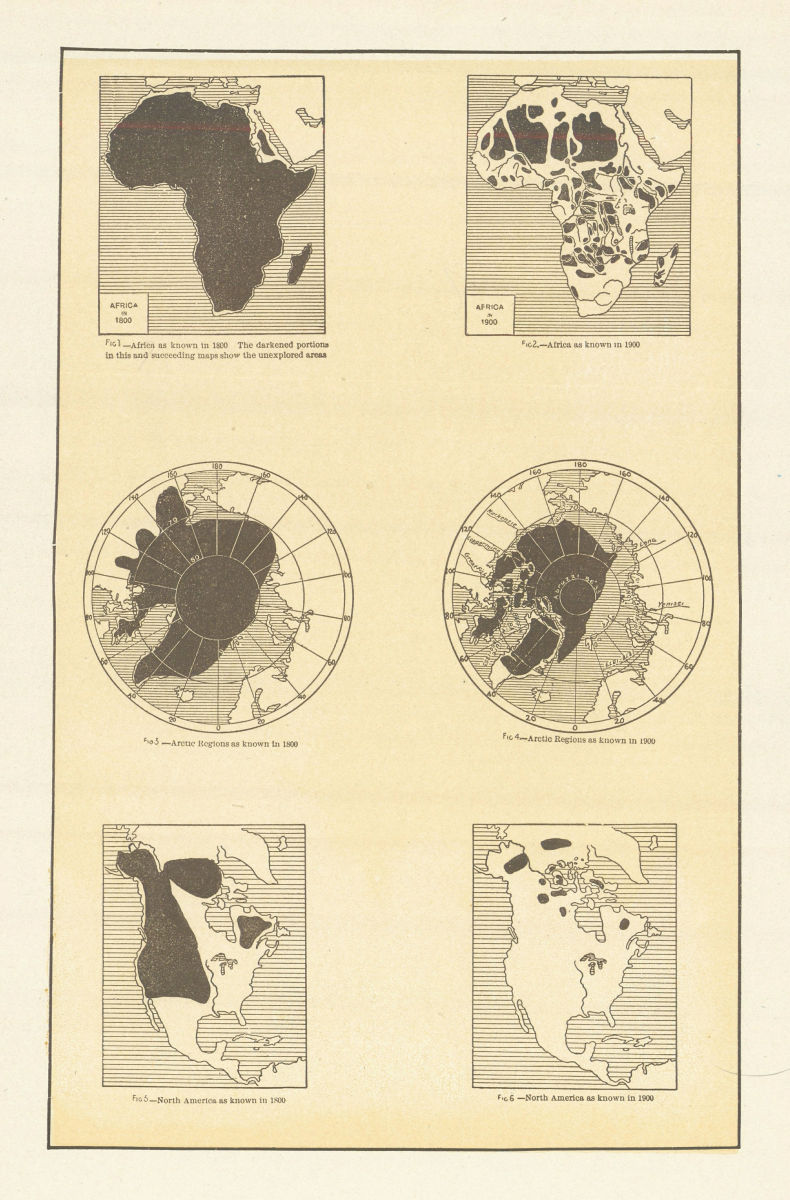 Africa Arctic & North America known/unknwon regions in 1800 & 1900 1907 map