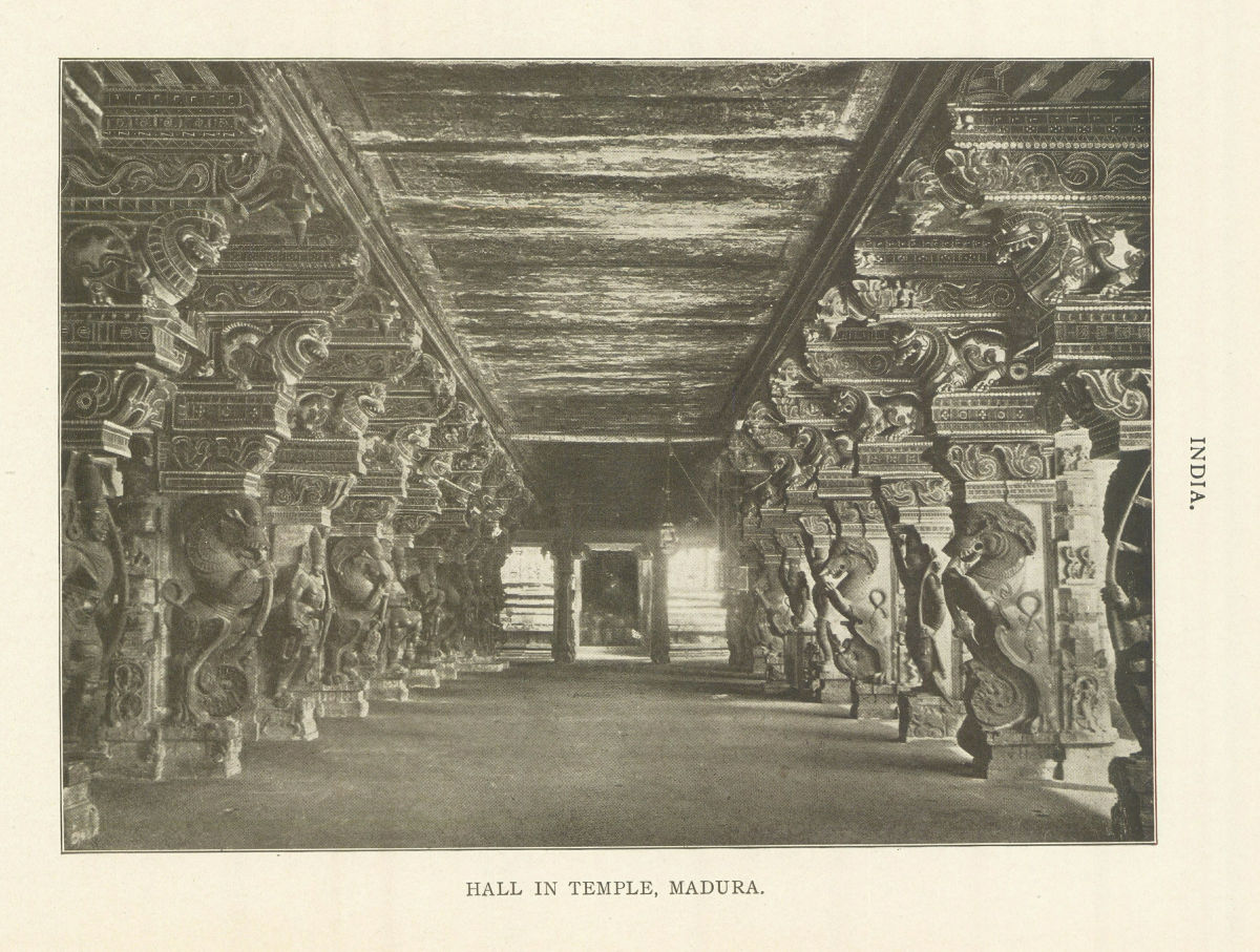 India. Hall In Temple, Madura 1907 old antique vintage print picture