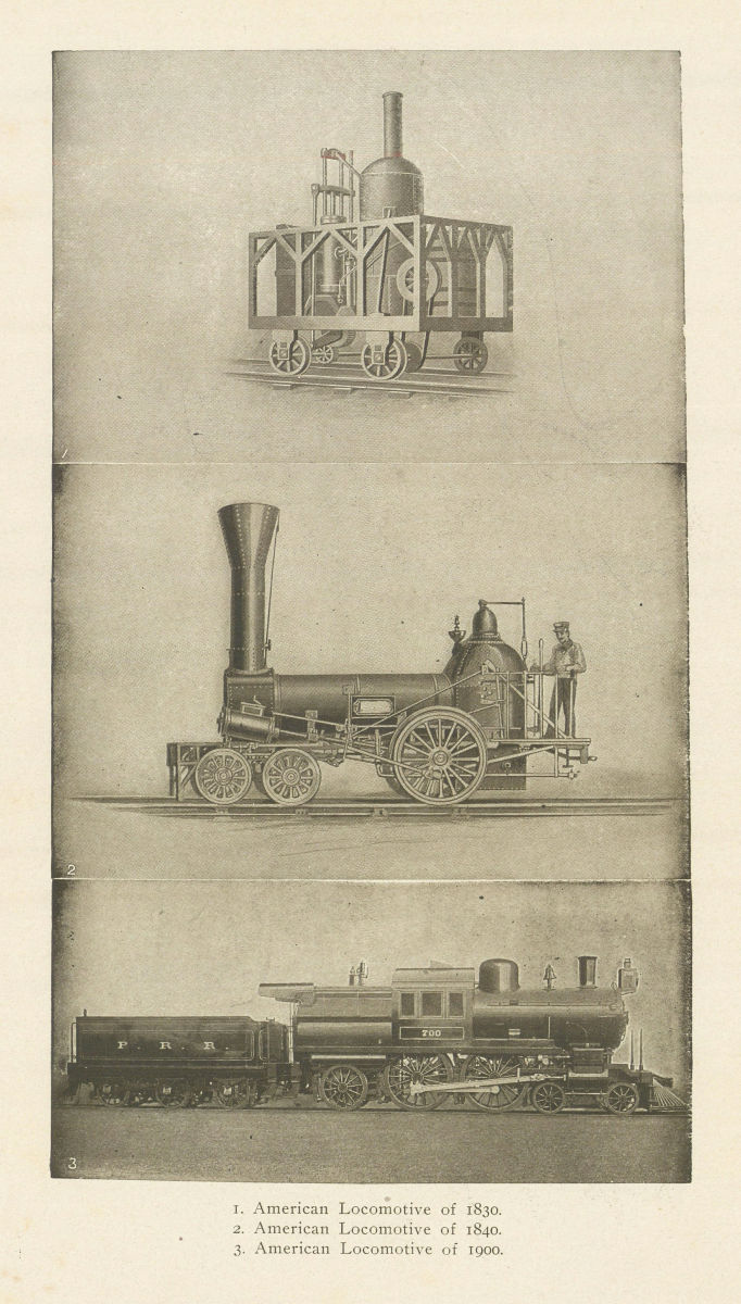American Rail Locomotives of 1830, 1840 & 1900. USA 1907 old antique print
