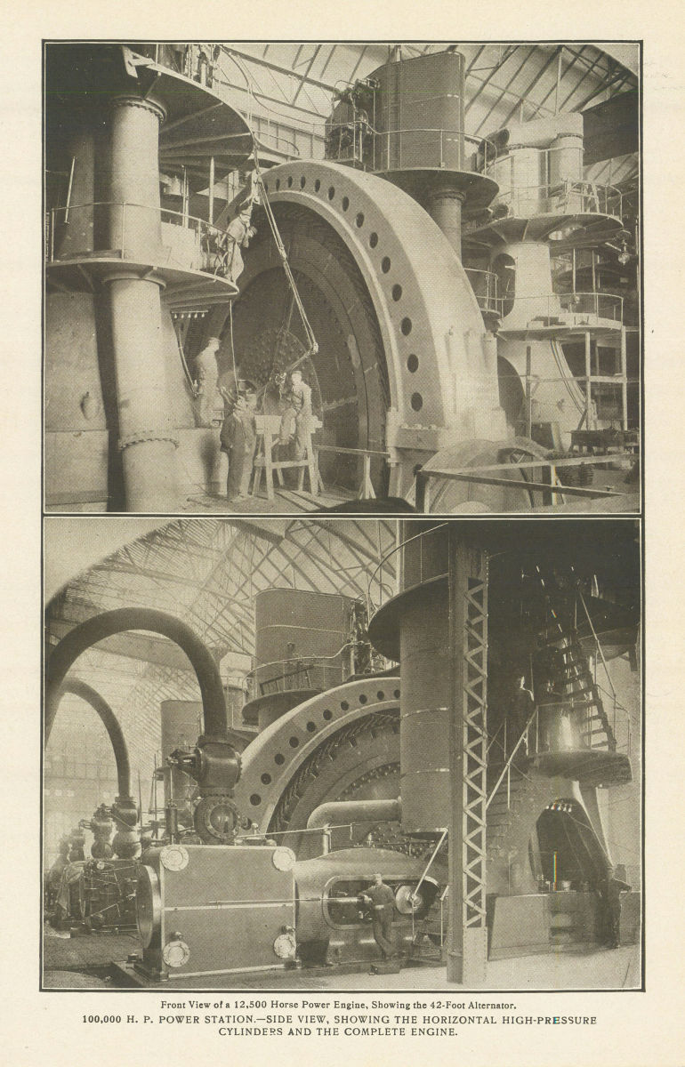 12,500 Horse Power Engine. 42-Foot Alternator. 100,000 H. P. POWER STATION 1907