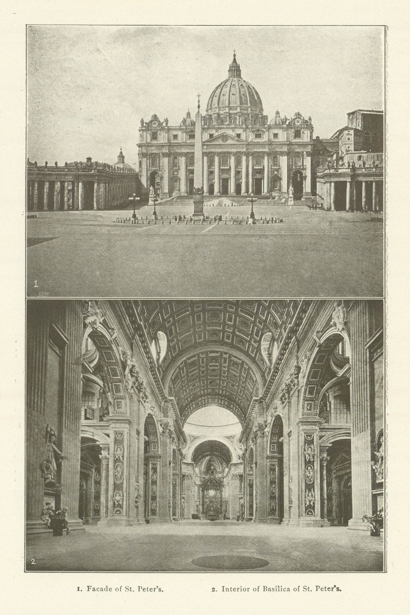1. Facade of St. Peter's. 2. Interior of Basilica of St. Peter's. Rome 1907