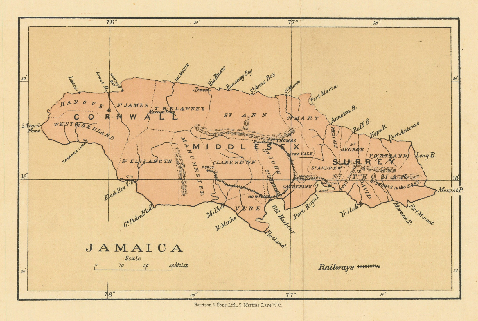 Associate Product Jamaica. Counties, parishes & railways. WASHINGTON EVES 1889 old antique map