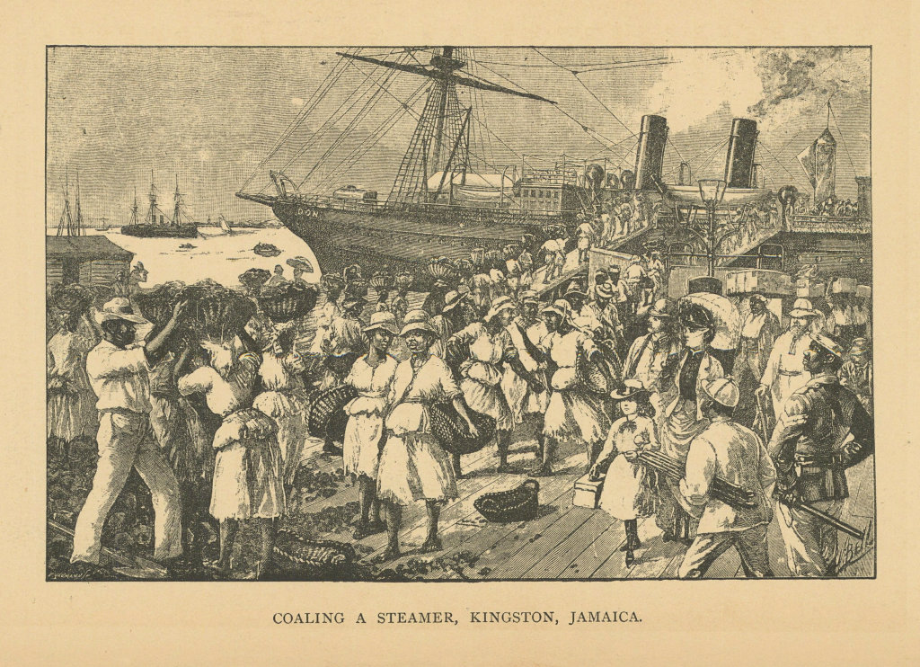 Coaling a Steamer, Kingston, Jamaica 1889 old antique vintage print picture