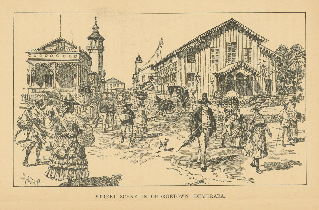 Street scene in Georgetown, Demerara, Guyana. British Guiana 1889 old print