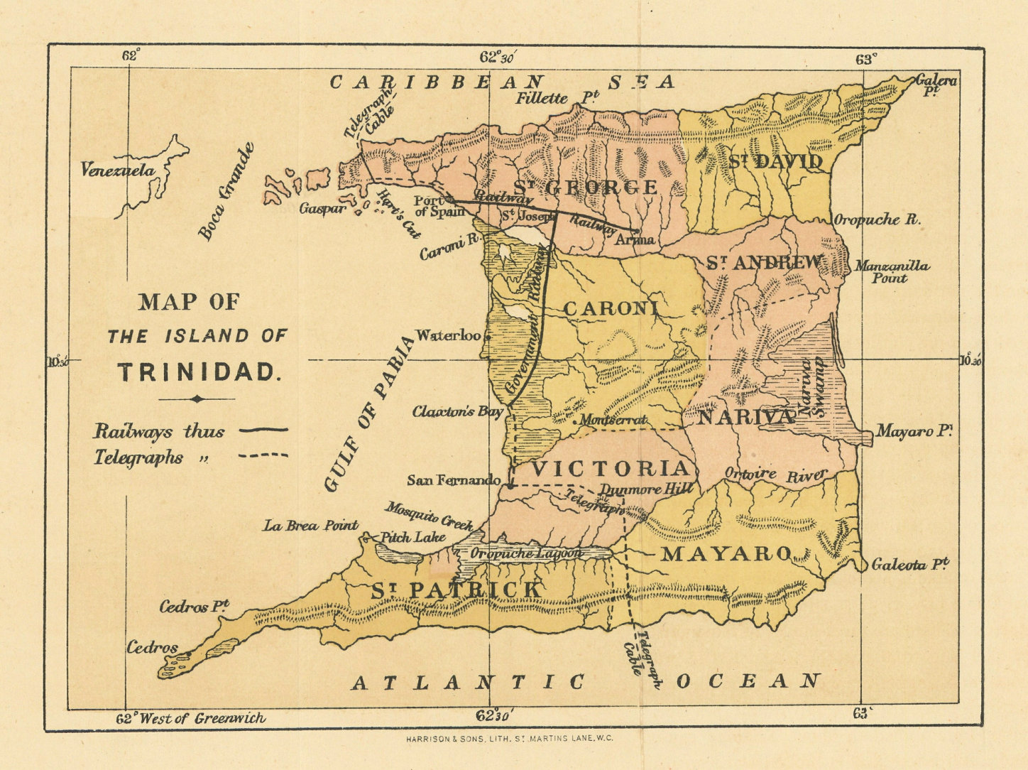 Map of the island of Trinidad. Counties. WASHINGTON EVES 1889 old antique