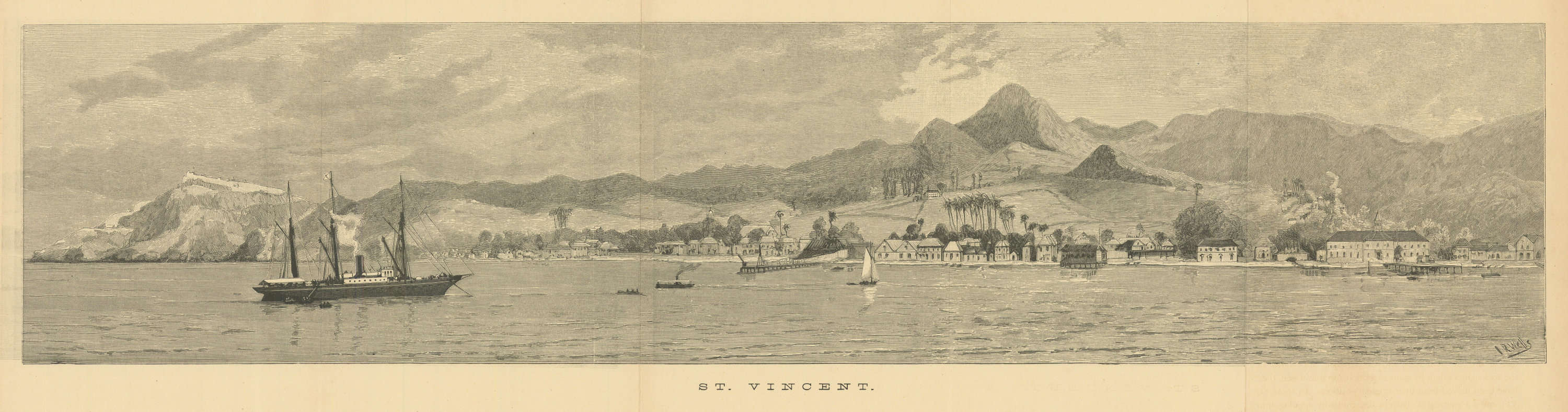 St. Vincent, West Indies. Panorama of Kingstown from the sea 1889 old print