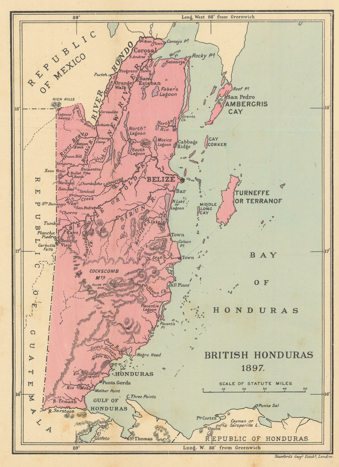 British Honduras. Belize. STANFORD / WASHINGTON EVES 1897 old antique map