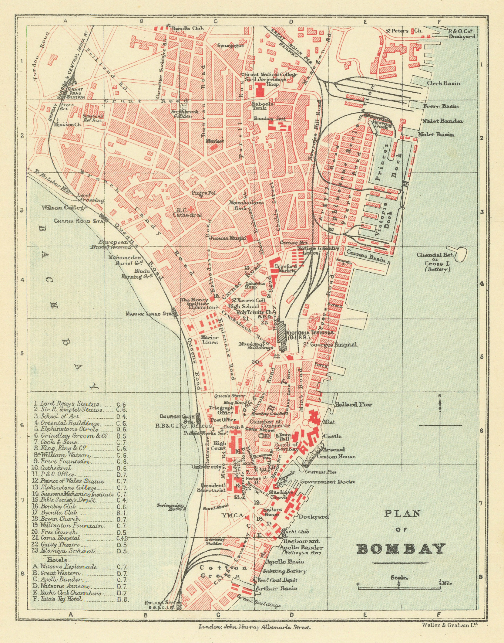 INDIA. Bombay (Mumbai) plan. Clubs schools hospitals theatres hotels 1905 map