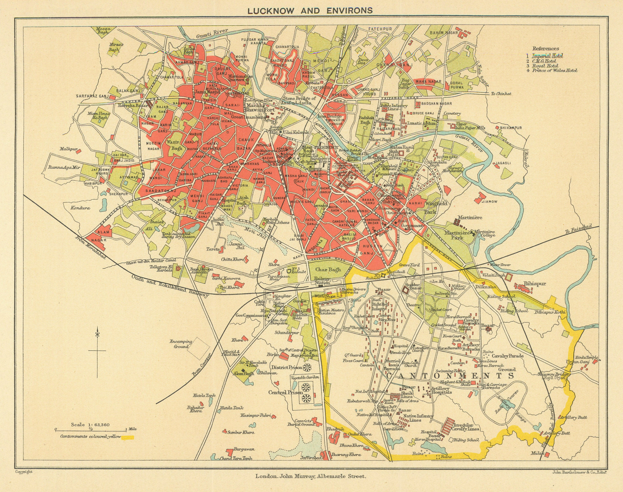 british-india-lucknow-city-plan-showing-cantonment-1905-old-antique