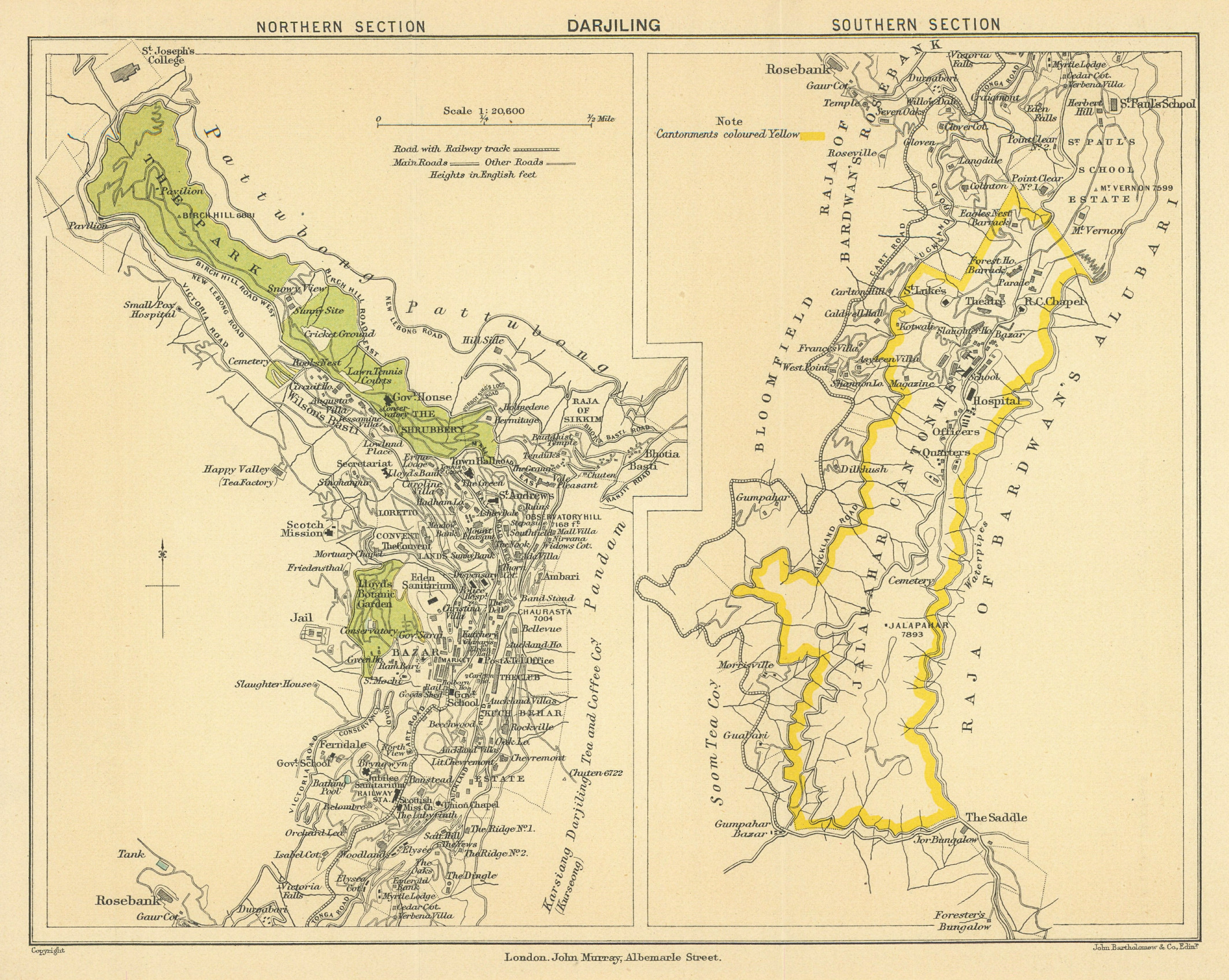 BRITISH INDIA. Darjiling (Darjeeling) town plan.Cantonment.Tea estates 1905 map