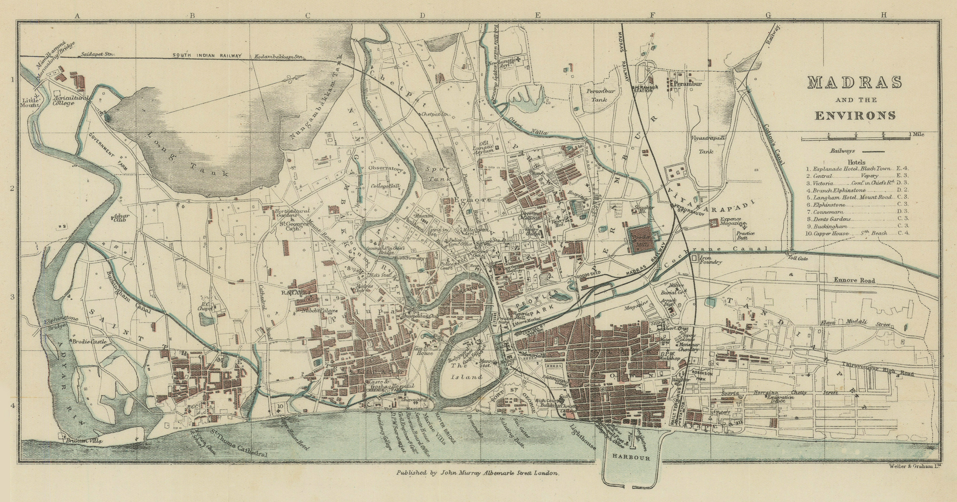 BRITISH INDIA. Madras (Chennai) & environs city plan. Showing hotels. 1905 map