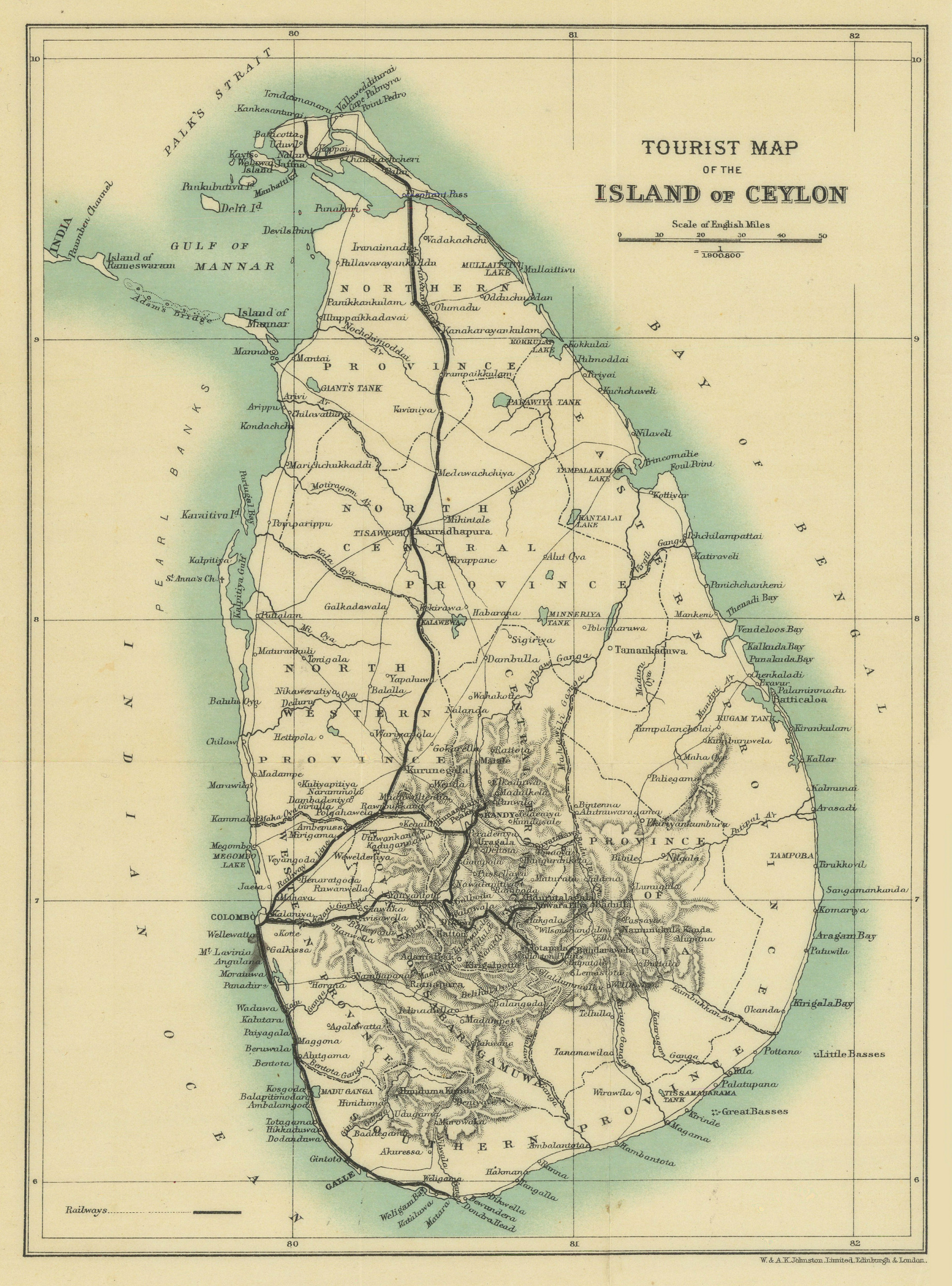 Tourist map of the island of Ceylon. Sri Lanka. British India 1905 old