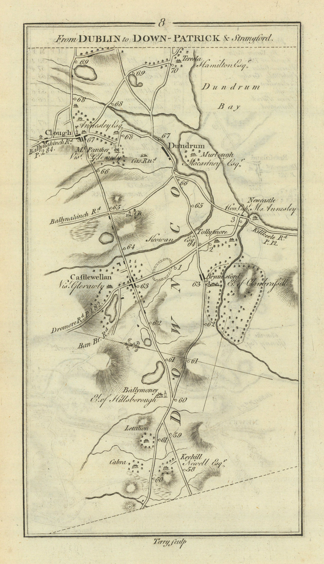 #8 Dublin to Downpatrick. Castlewellan Dundrum Clough. TAYLOR/SKINNER 1778 map