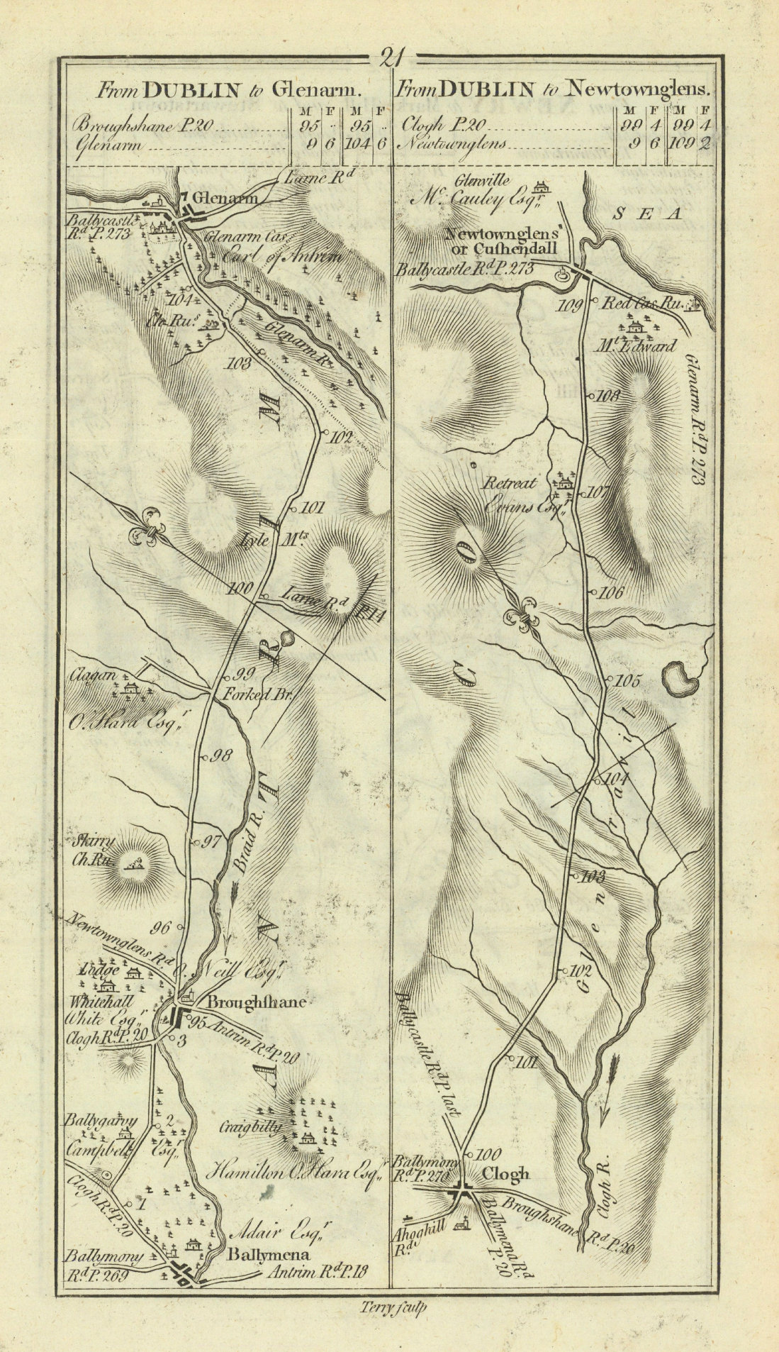 #21 Dublin to Glenarm/Cushendall. Ballymena Broughshane. TAYLOR/SKINNER 1778 map
