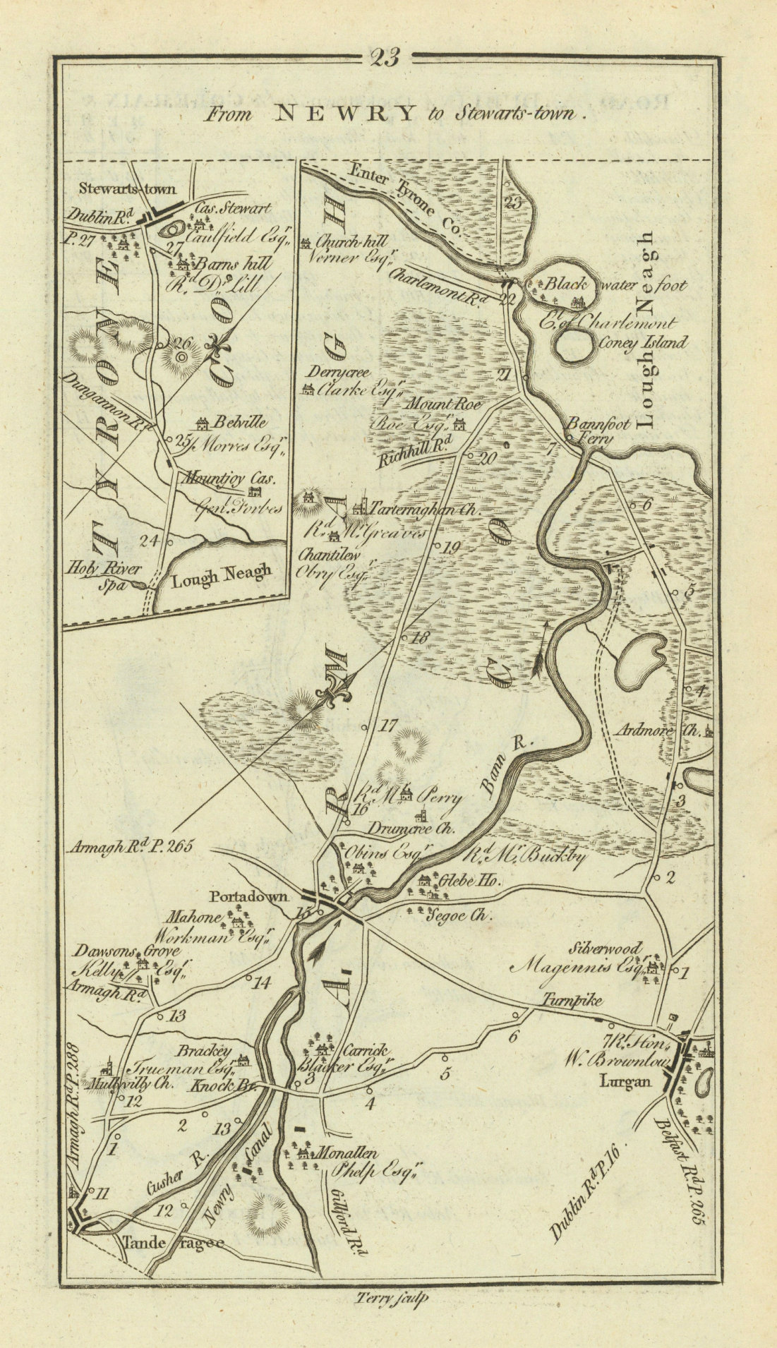 #23 Newry to Stewartstown. Portadown Tandragee Lurgan. TAYLOR/SKINNER 1778 map