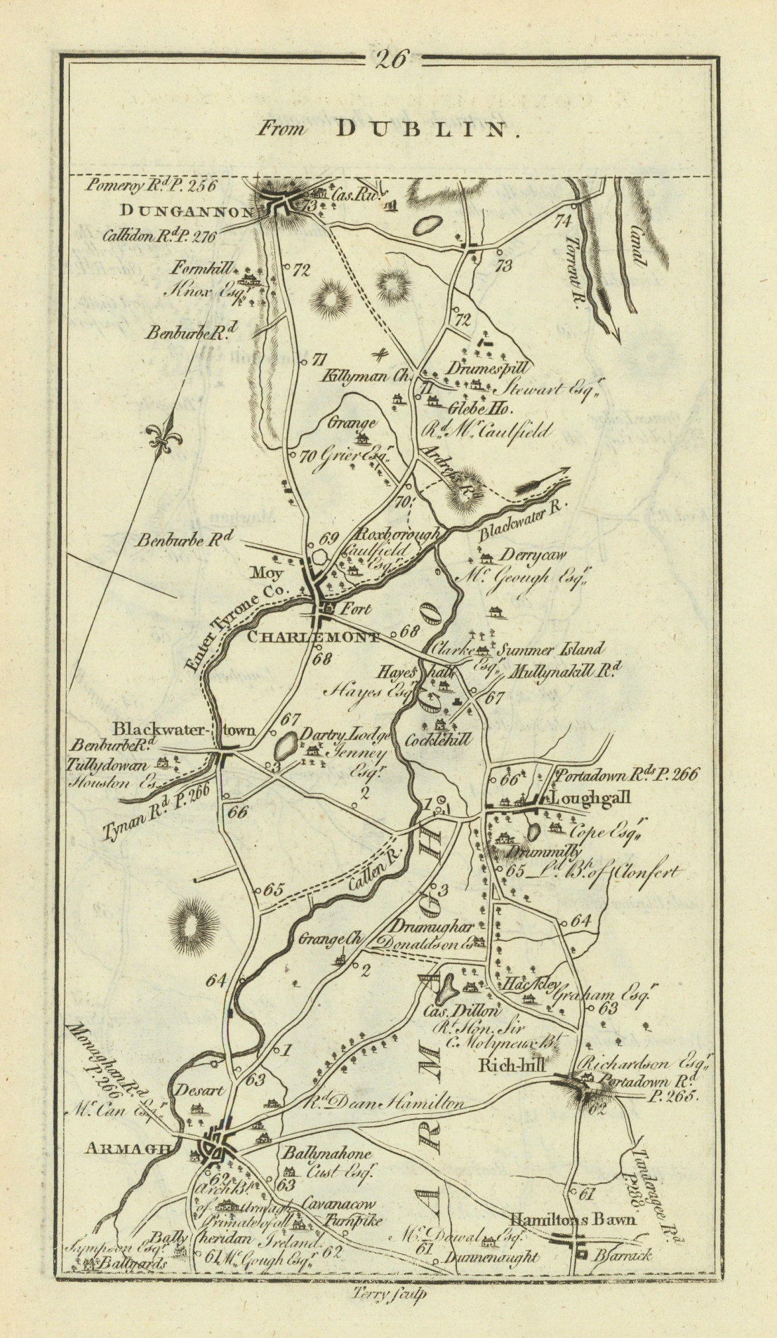 #26 Dublin… to Portrush. Dungannon Richhill Armagh. TAYLOR/SKINNER 1778 map