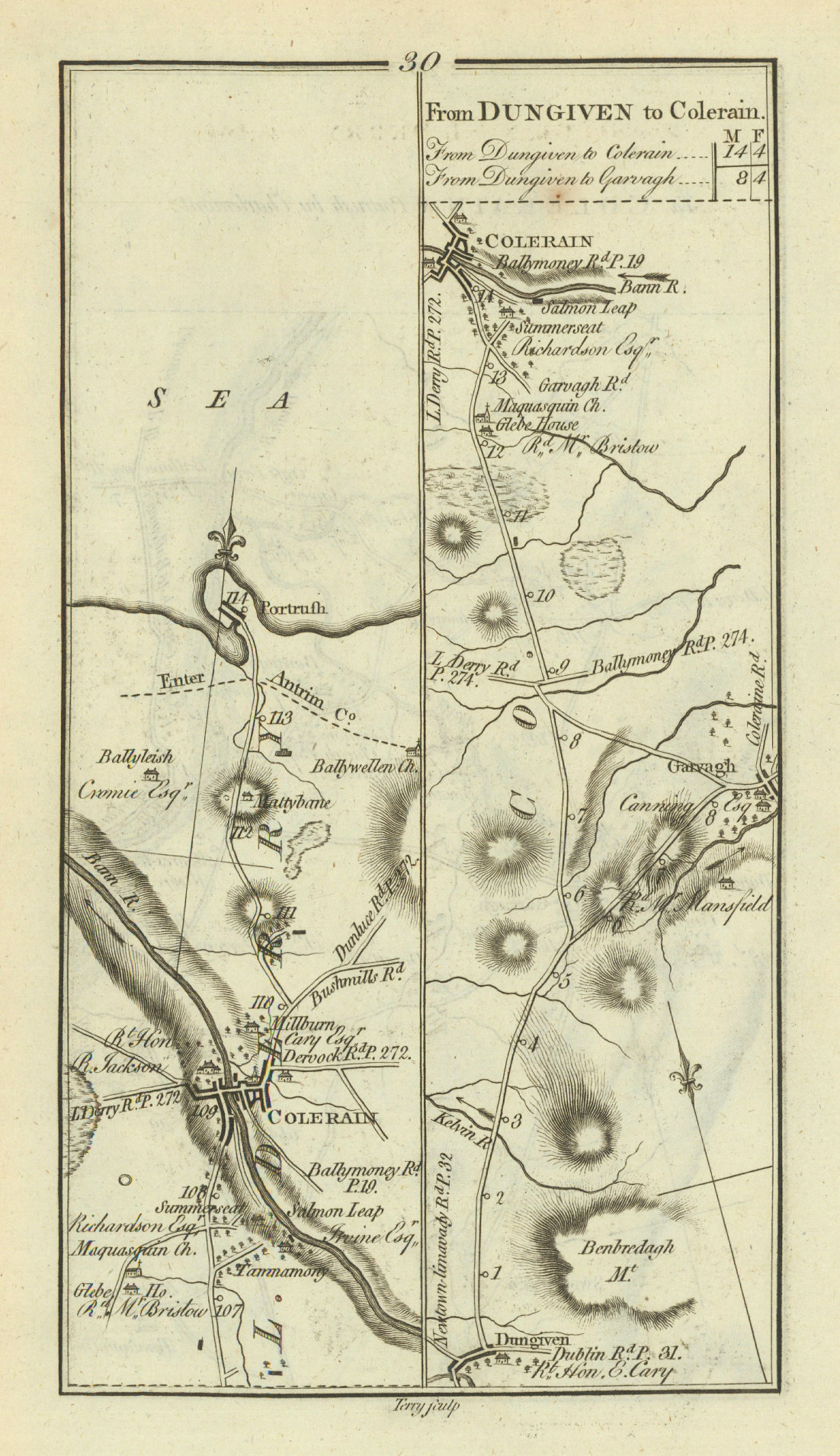 #30 From Dungiven to Coleraine. Portrush Garvagh. TAYLOR/SKINNER 1778 old map