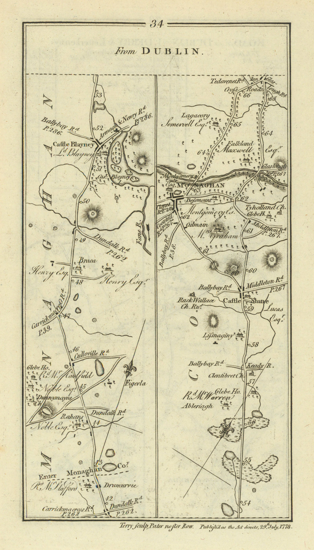 #34 Dublin to Derry. Castleblayney Monaghan Castleshane. TAYLOR/SKINNER 1778 map