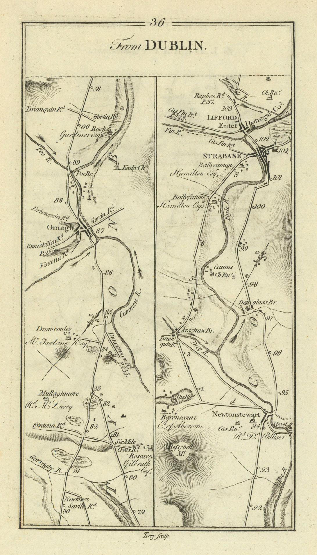 #36 Dublin to Londonderry. Lifford Strabane Omagh Tyrone TAYLOR/SKINNER 1778 map