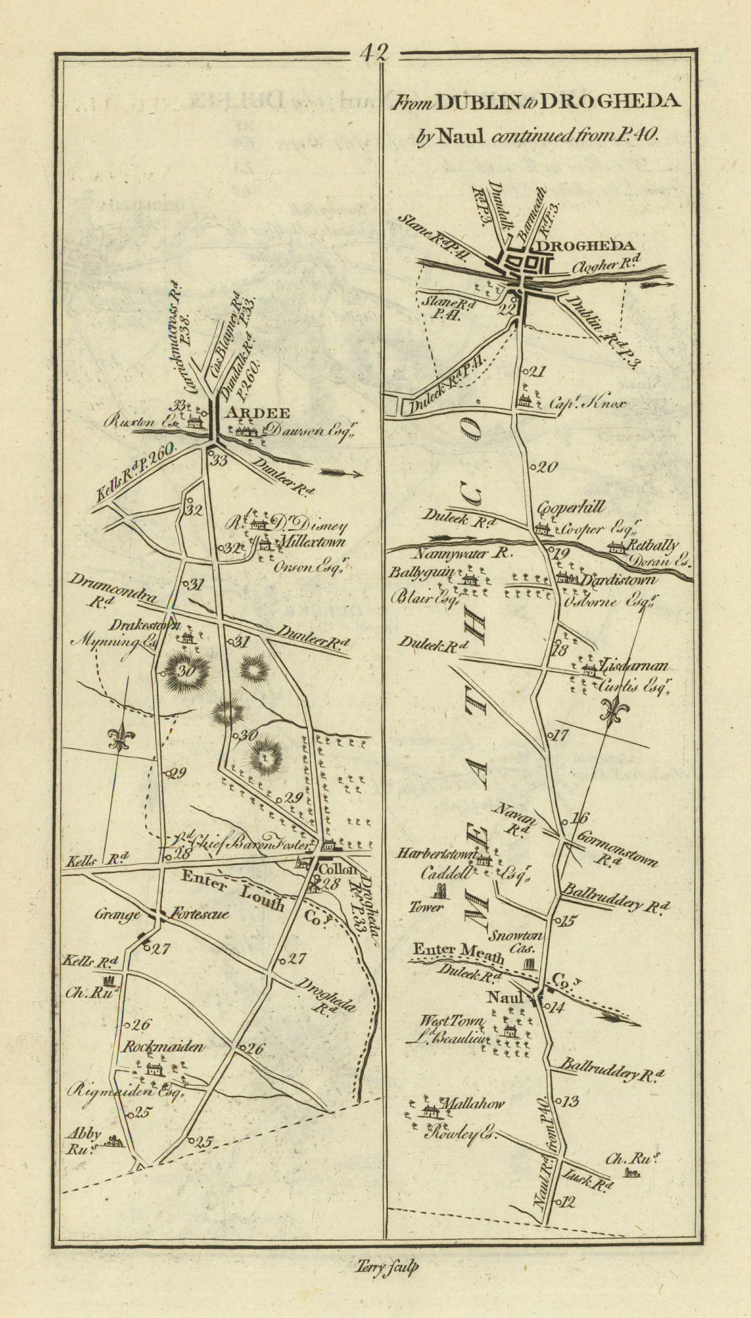 #42 Dublin to Drogheda by Naul. Ardee Collon Louth. TAYLOR/SKINNER 1778 map