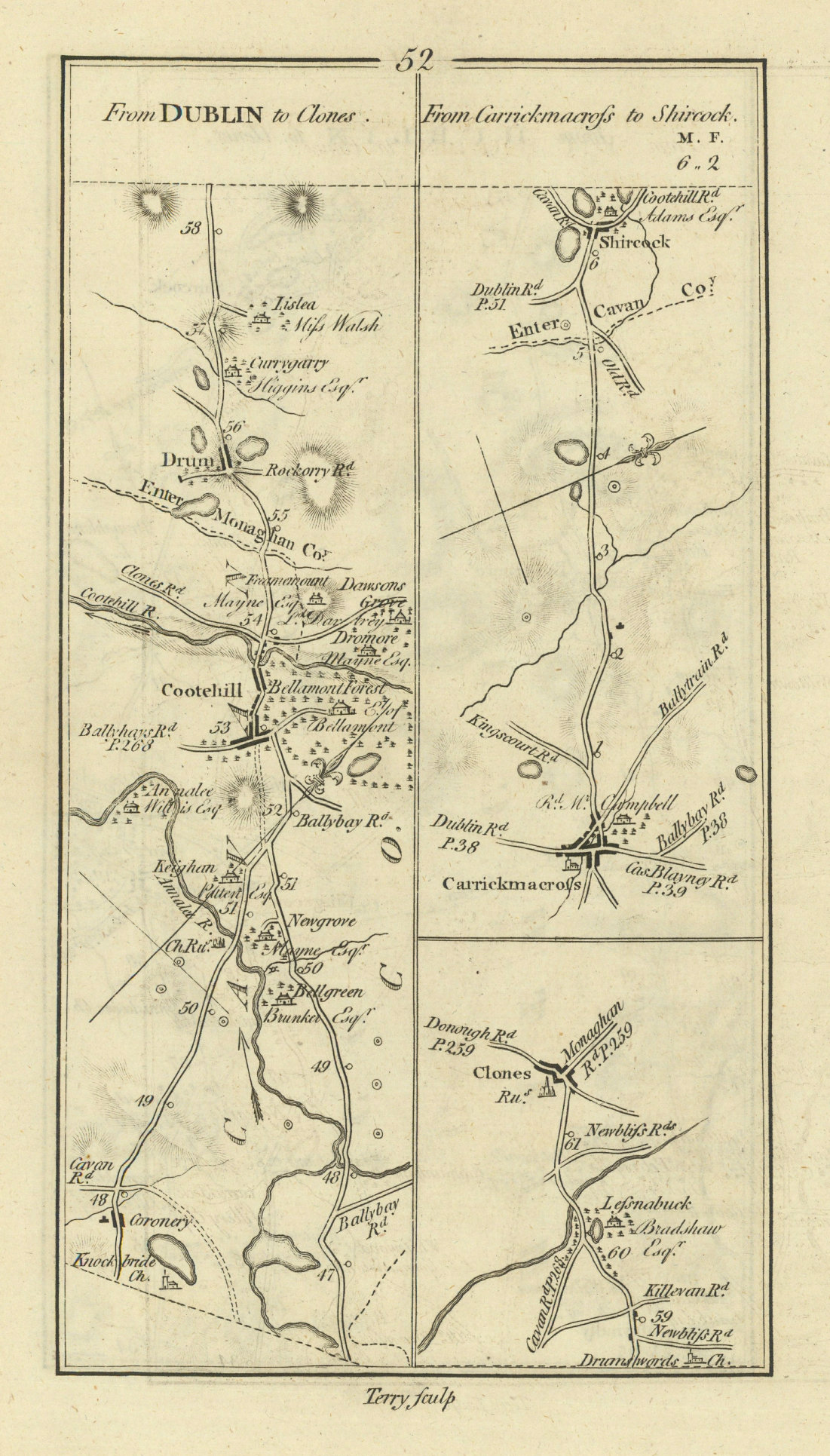 #52 to Clones. Carrickmacross to Shercock. Cootehill. TAYLOR/SKINNER 1778 map