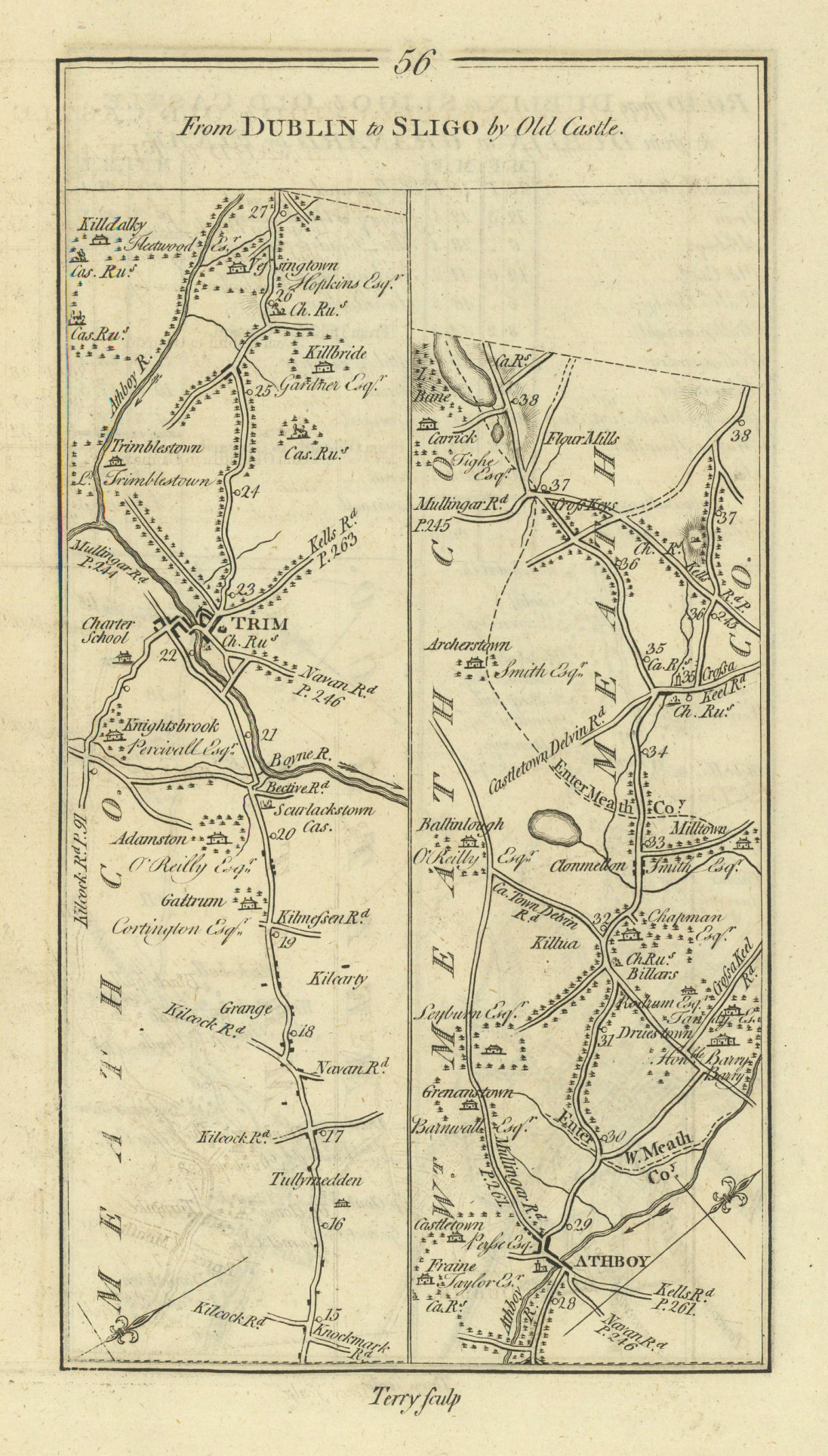 #56 Dublin to Sligo by Old Castle. Trim Athboy Meath. TAYLOR/SKINNER 1778 map