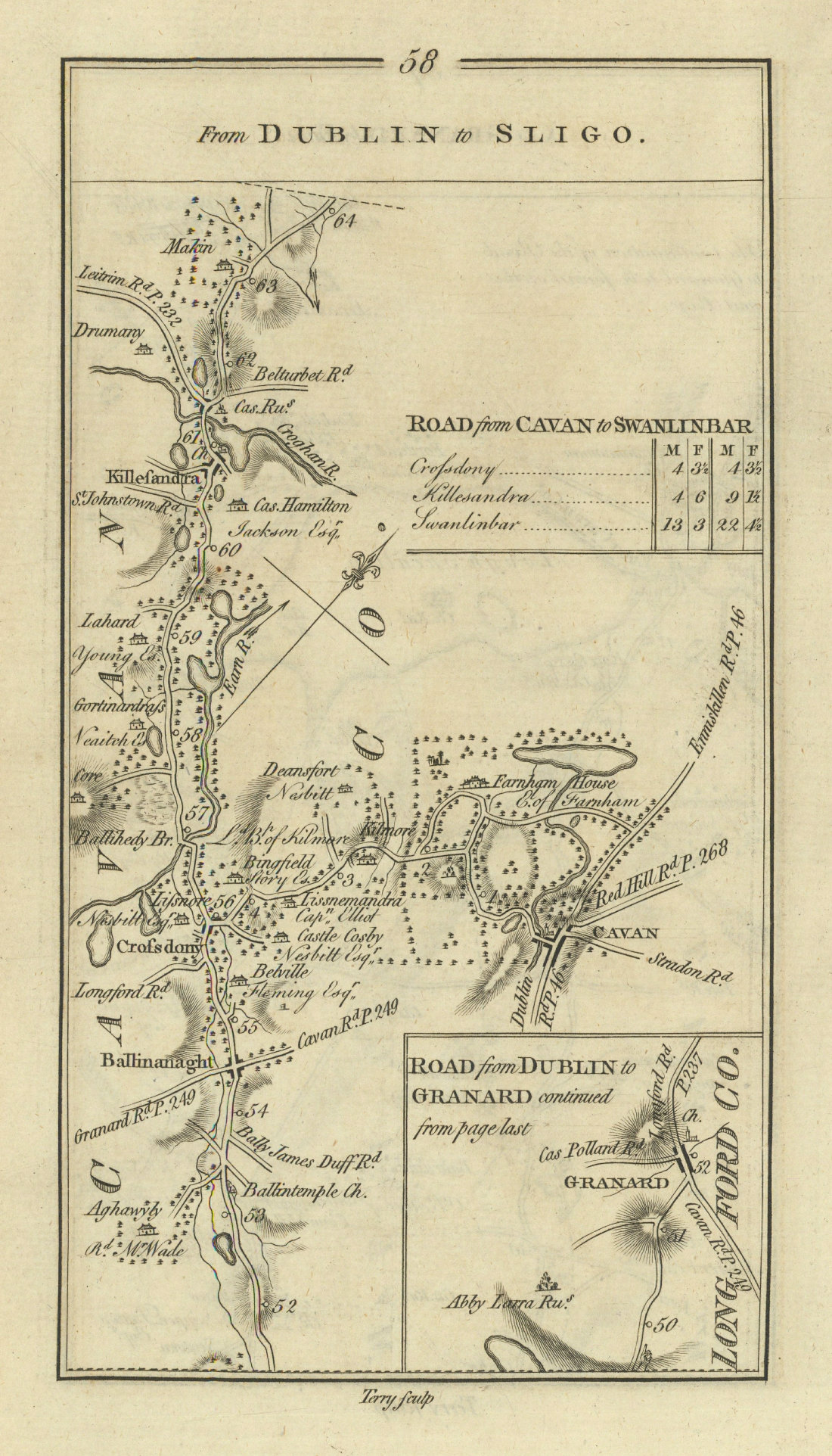 #58 Dublin to Sligo. Cavan Granard Ballinagh. TAYLOR/SKINNER 1778 old map