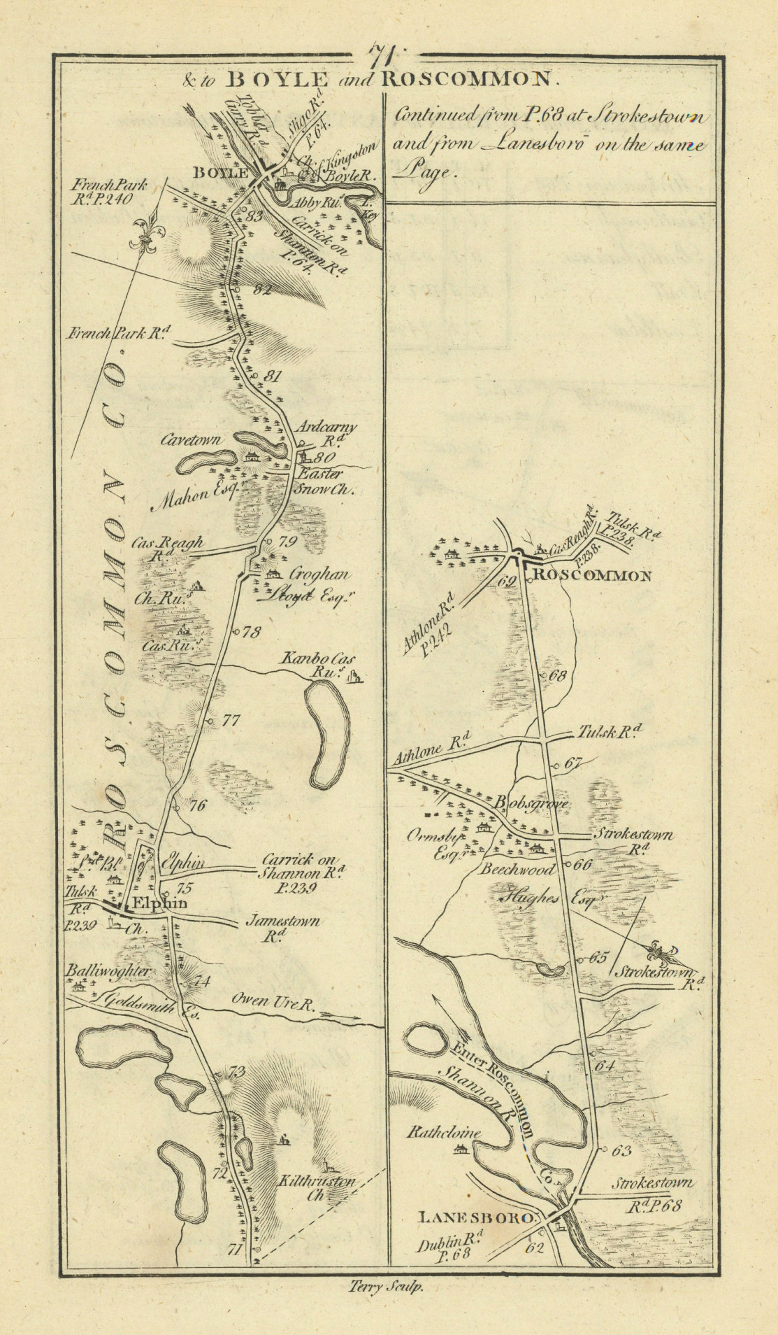 #71 Dublin to Boyle & Roscommon. Elphin Lanesborough. TAYLOR/SKINNER 1778 map