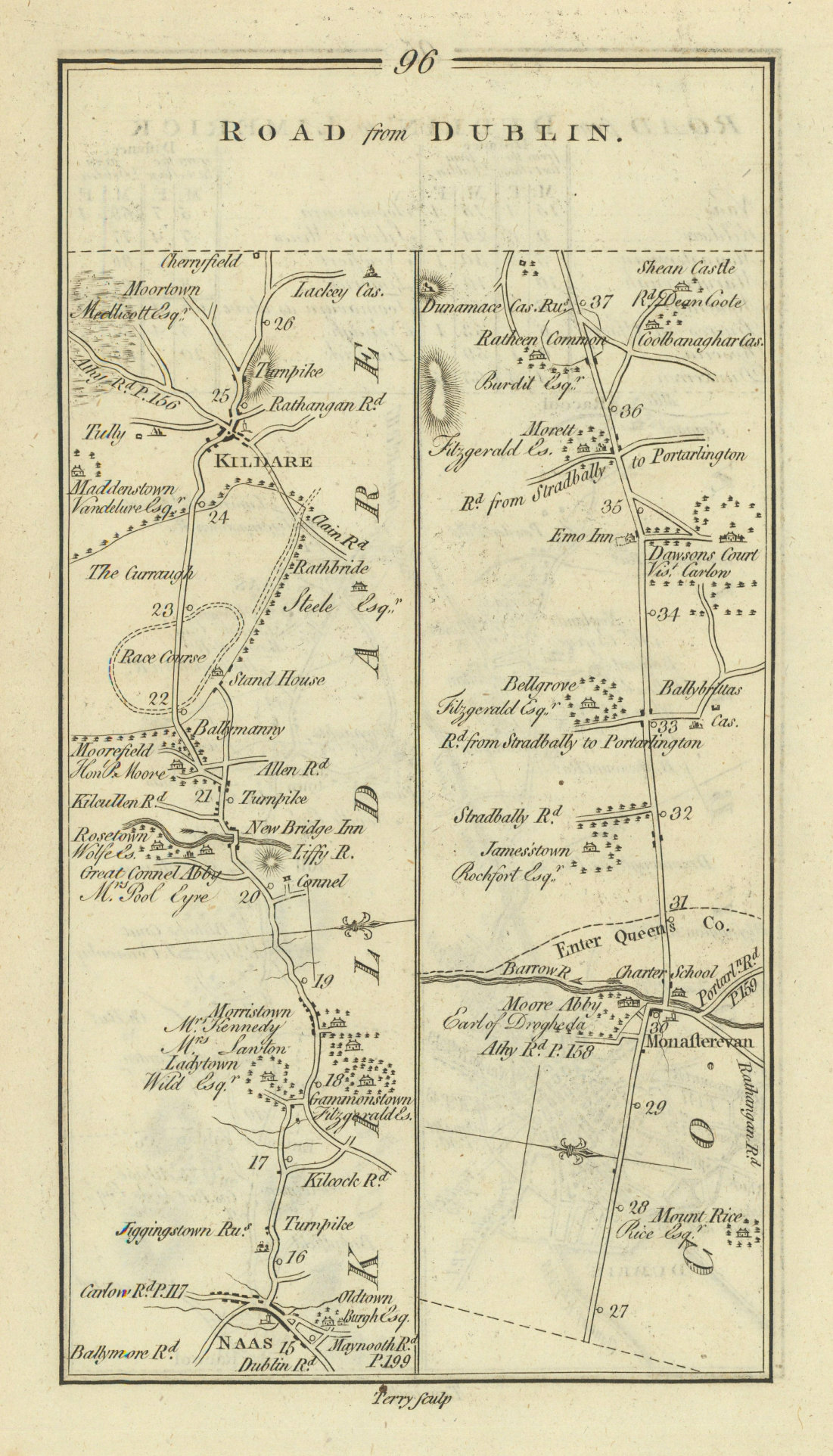#96 Road from Dublin. Naas Kildare Monasterevin Kildare. TAYLOR/SKINNER 1778 map