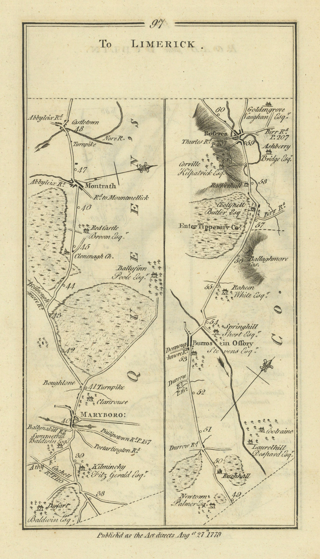 #97 Dublin to Limerick. Portlaoise Roscrea Mountrath. TAYLOR/SKINNER 1778 map