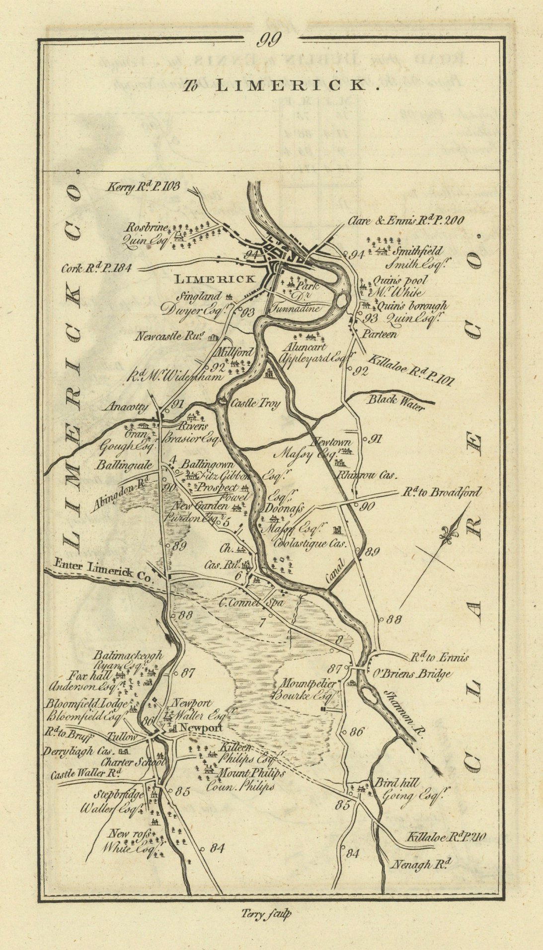 #99 Limerick. Newport O'Briensbridge Birdhill Annacotty. TAYLOR/SKINNER 1778 map