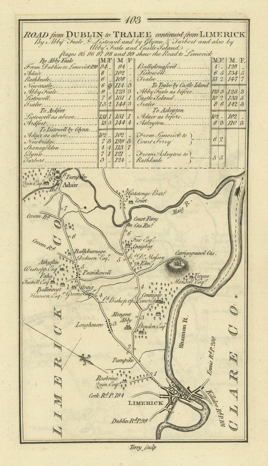 #103 Dublin to Tralee… from Limerick. Patrickswell Adare TAYLOR/SKINNER 1778 map