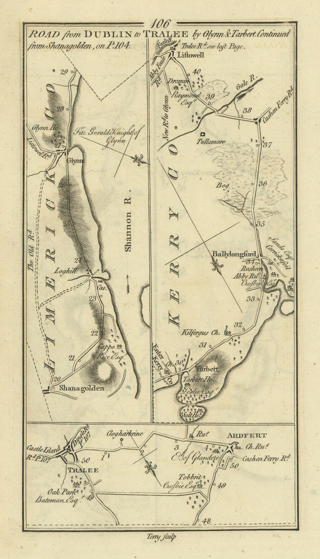 #106 Tralee Shanagolden Glin Tarbert Listowel Ardfert. TAYLOR/SKINNER 1778 map