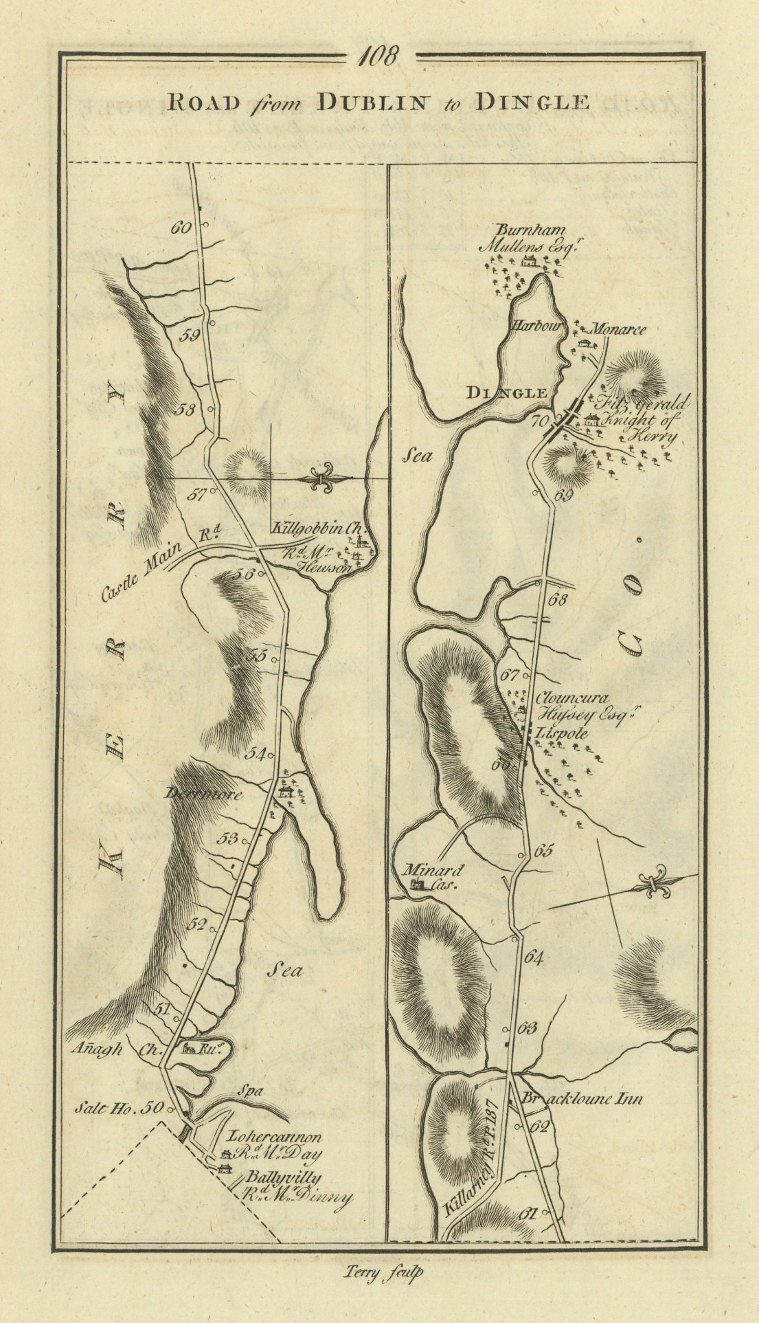 #108 Road from Dublin to Dingle. Kerry. TAYLOR/SKINNER 1778 old antique map